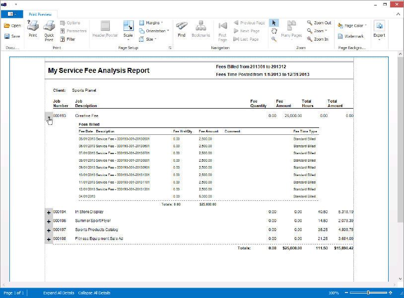 Service Fee Analysis even allows you to drill down to details directly from within the report preview.